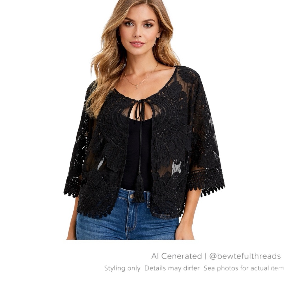 Crimson in Grace L/XL Black Appliqué Tassel Tie Sheer Jacket Boho Evening